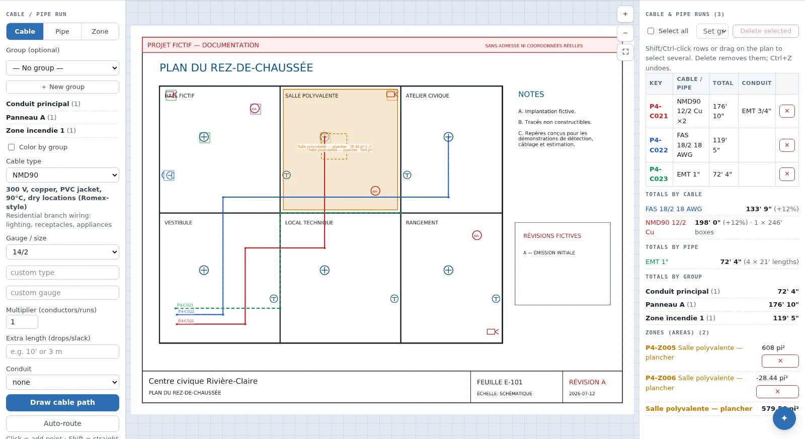 Cable and pipe runs traced to scale, an area zone, and computed totals.