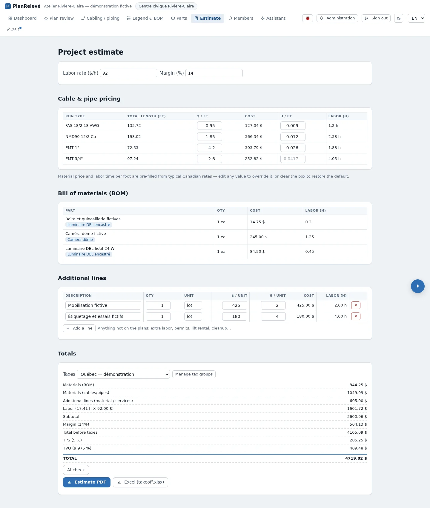 Estimating page: cable pricing, priced bill of materials, costs and labour hours.