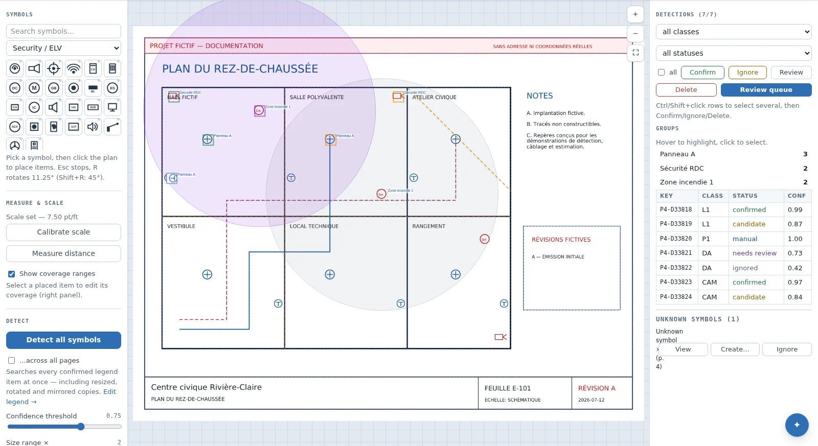 Symbol detection on a plan with a review queue, groups and confidence levels.