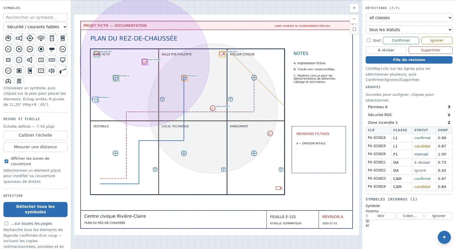 Détection de symboles sur un plan avec file de révision, groupes et niveaux de confiance.