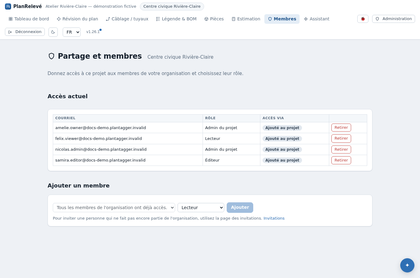 Page « Membres » : accès effectif, source et rôle dans le projet.