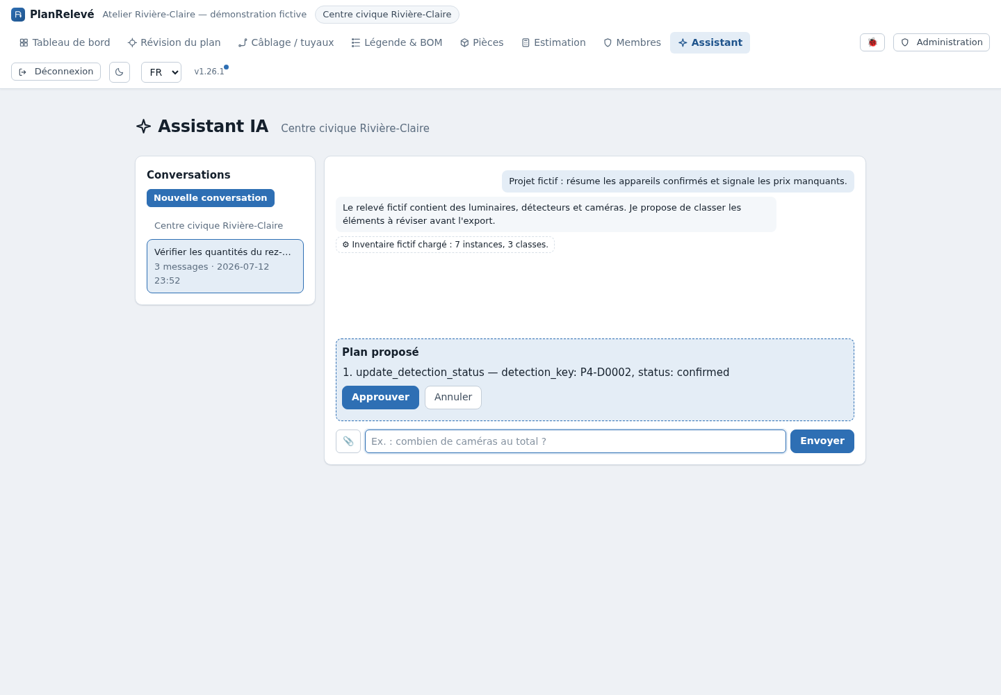Assistant IA : conversations propres à l'utilisateur et au projet.