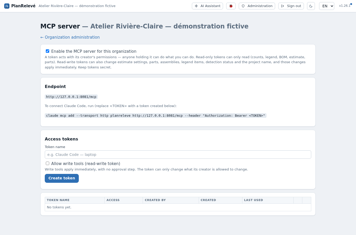PlanRelevé MCP server administration page showing the organization enable switch, endpoint, redacted setup command, read-only token creation controls and token inventory with creator, last-used time and revocation state.
