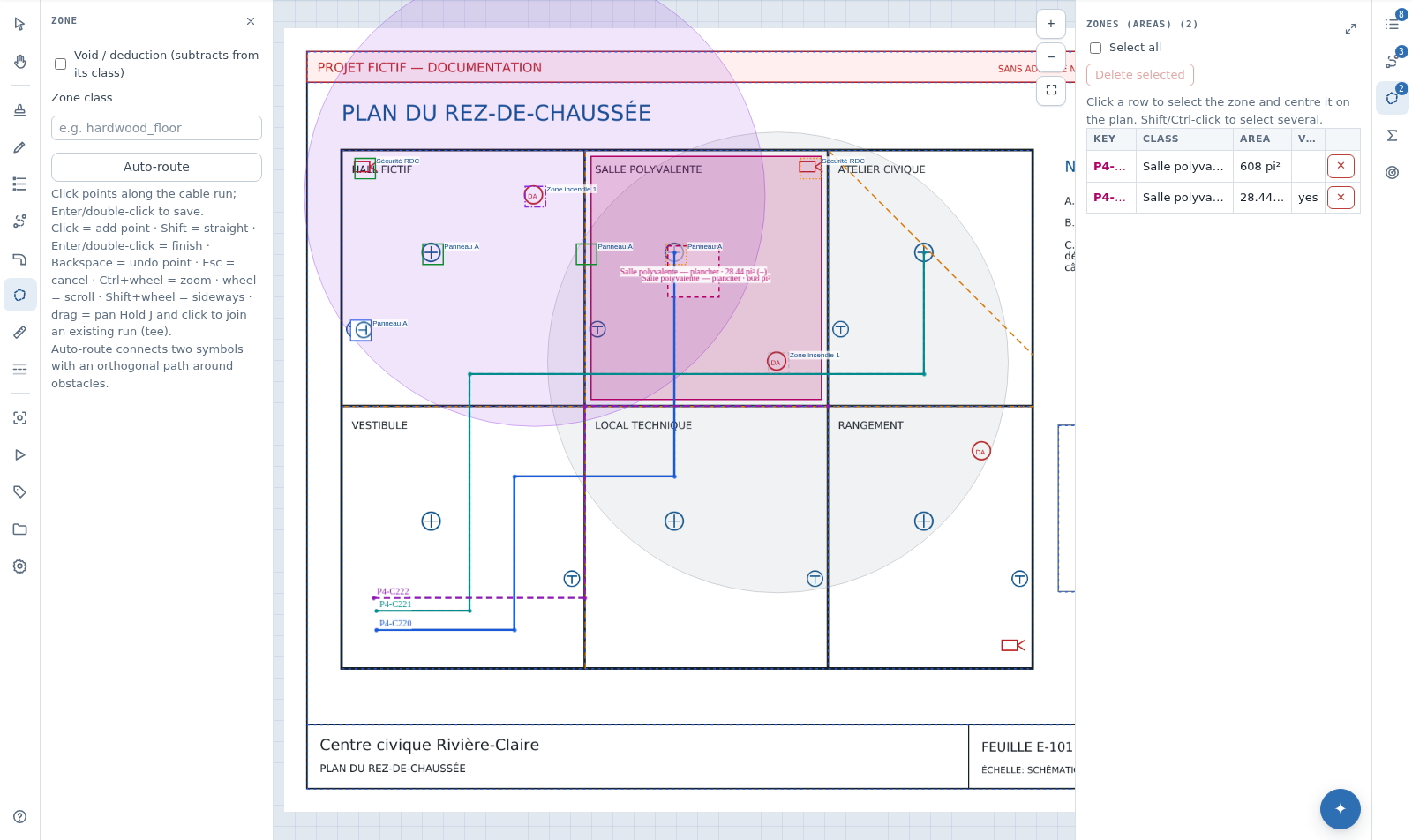 Zones and voids traced on the plan review page, with the zones list and class totals.