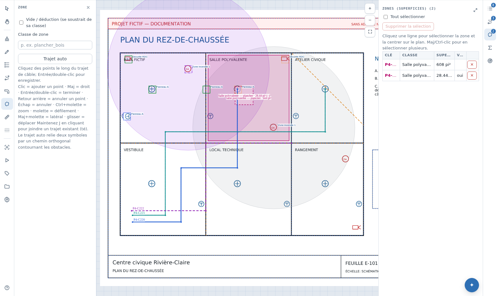 Zones et vides tracés sur la page de révision, avec la liste des zones et les totaux par classe.