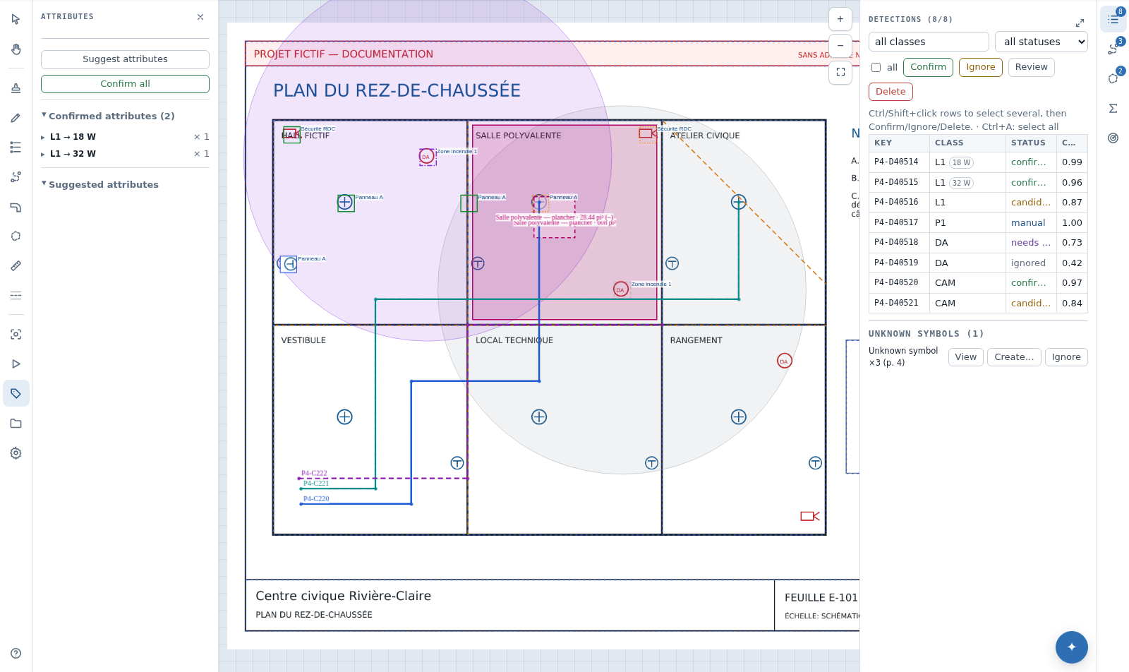 The Attributes tool on the plan review page: confirmed values grouped by class, and the wattages shown on the detection rows.