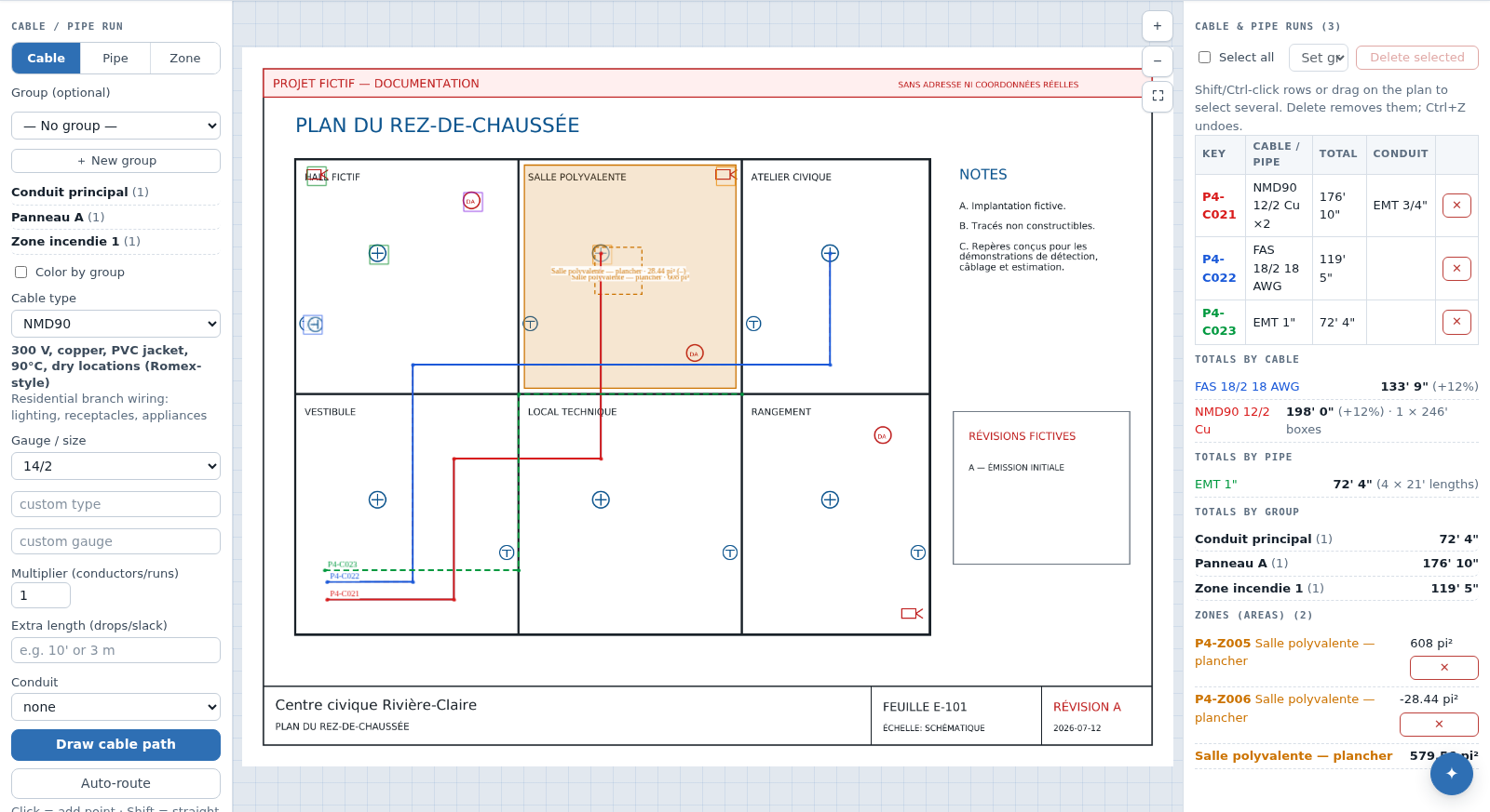 Cabling / piping screen with tools, runs and totals.