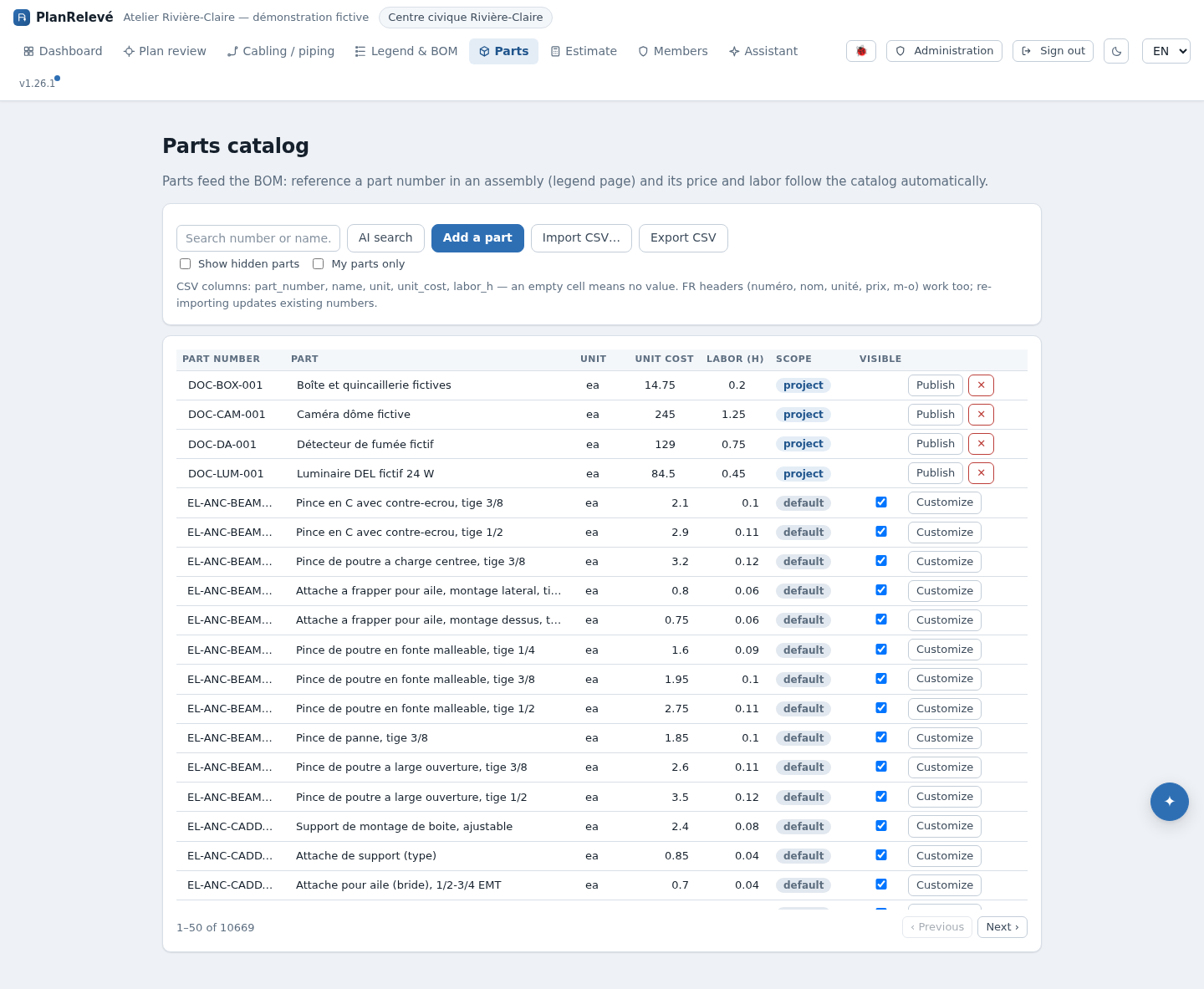 Parts catalog with search, scope and actions.