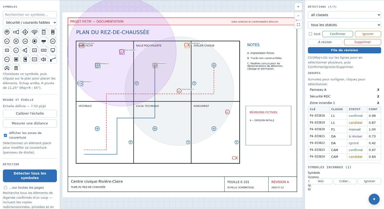 L'espace de travail « Révision du plan » de PlanRelevé, avec la détection et le panneau de révision.