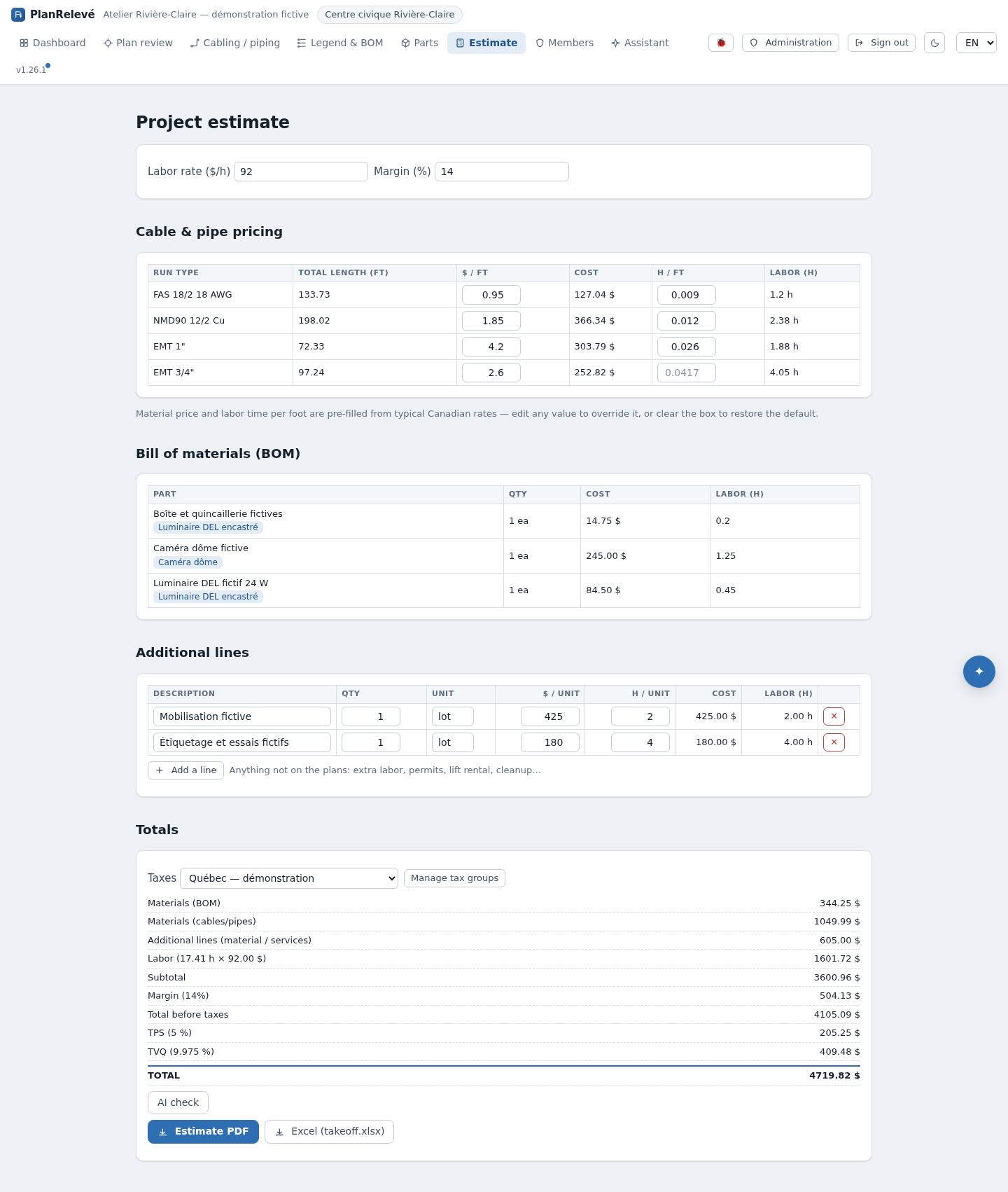 Project estimate with runs, BOM, free lines and taxes.