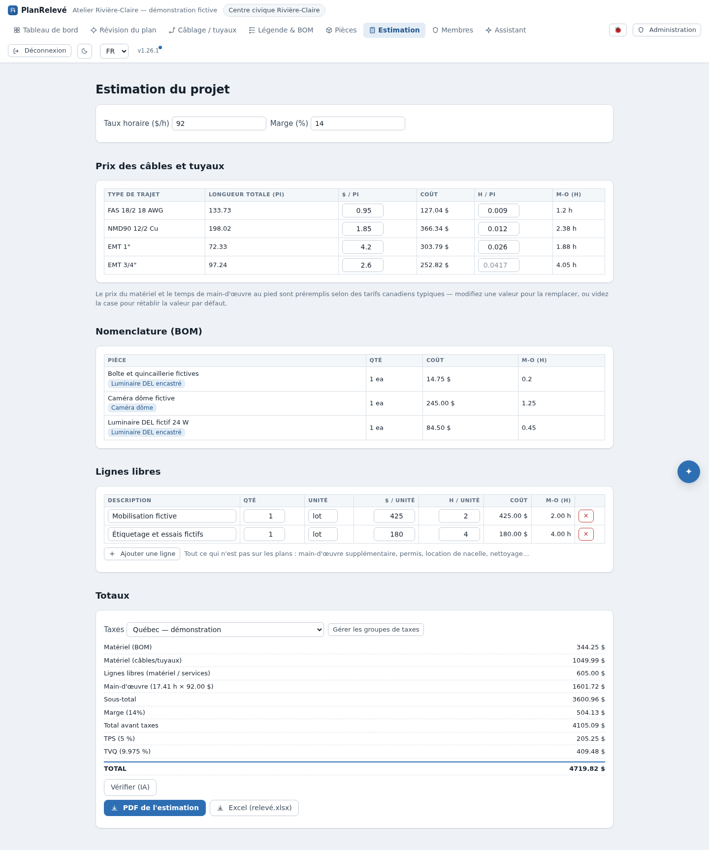 Estimation du projet avec trajets, BOM, lignes libres et taxes.