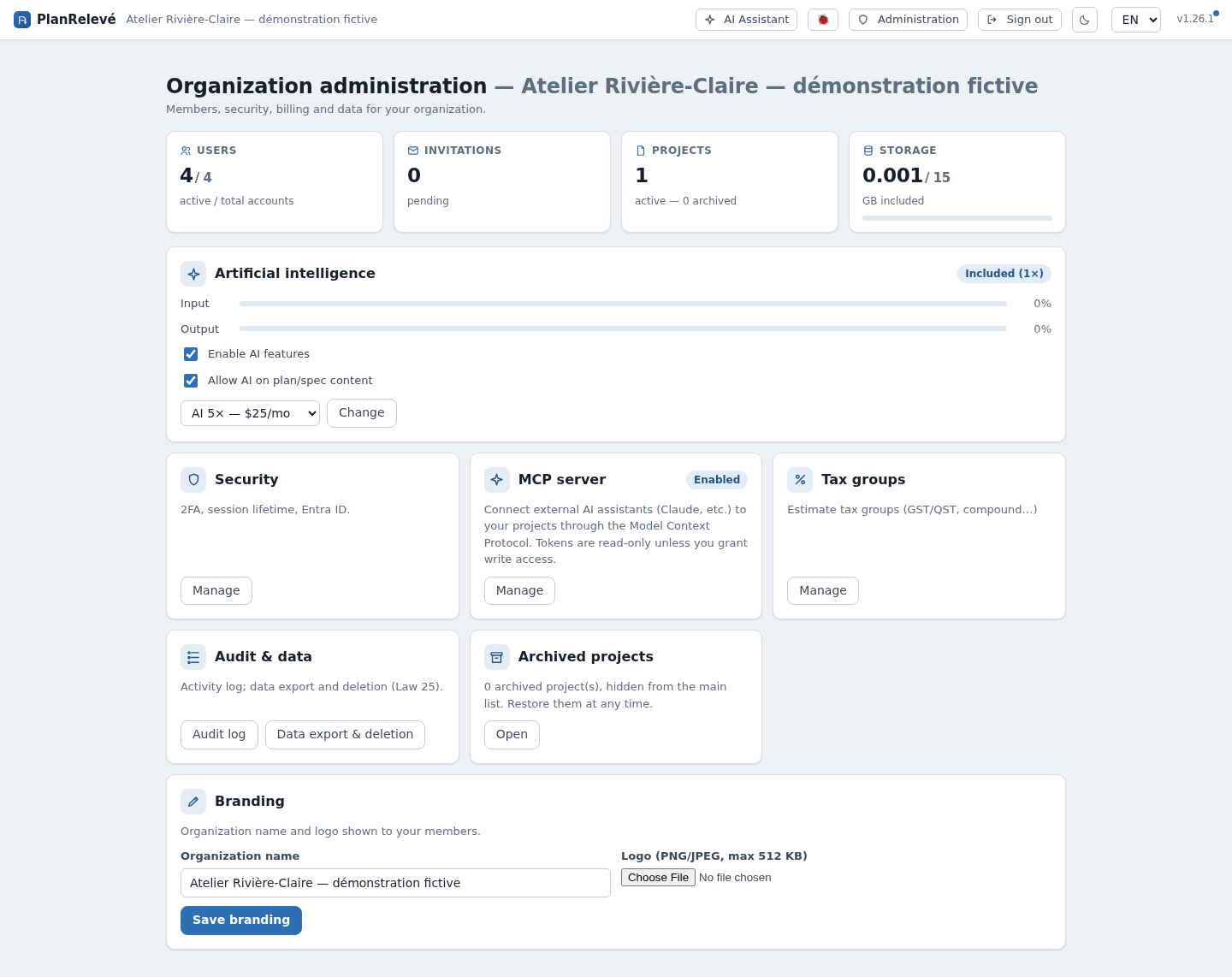 PlanRelevé Organization administration dashboard showing active users, pending invitations, projects, storage usage, AI controls, security, MCP status, tax groups, audit and branding for a fictitious organization.