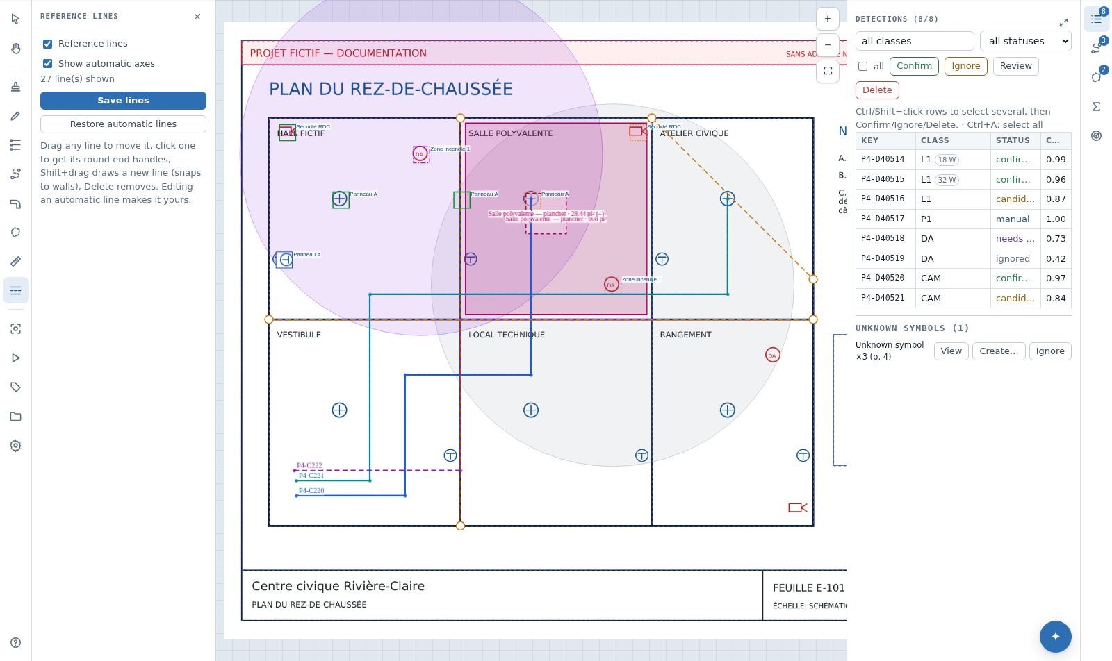 Fictive plan with blue automatic reference lines and orange user lines on diagonal walls, several detections selected and the bulk action bar.