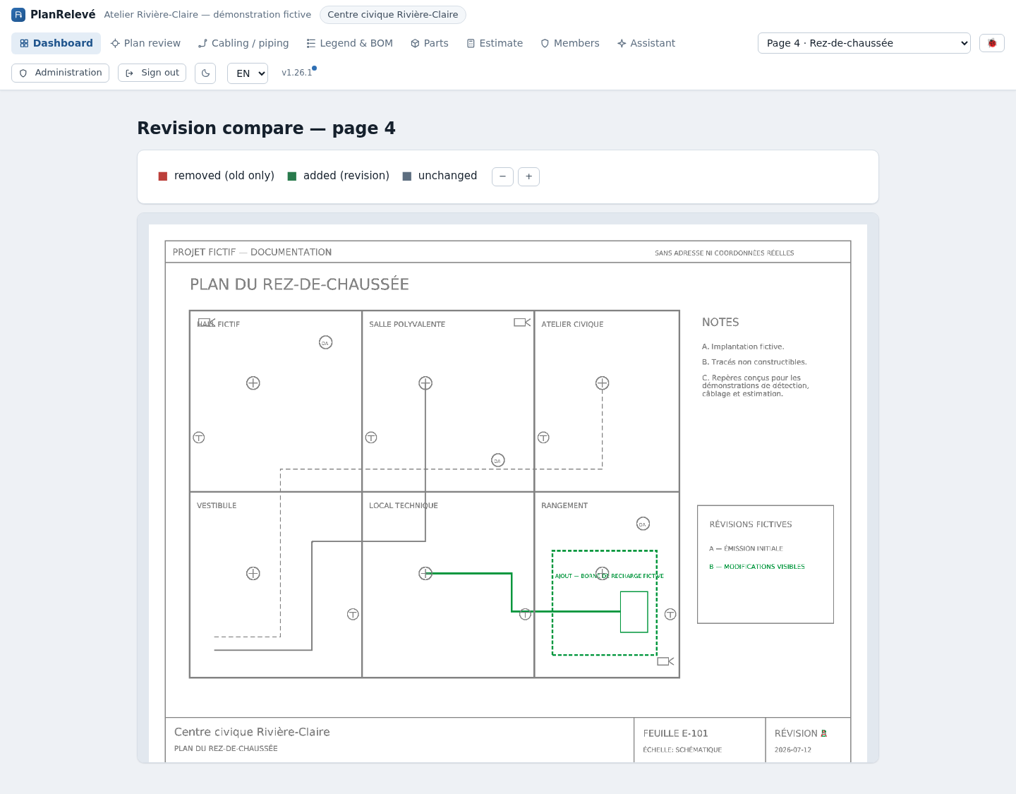 Revision comparison with added, removed and unchanged content.