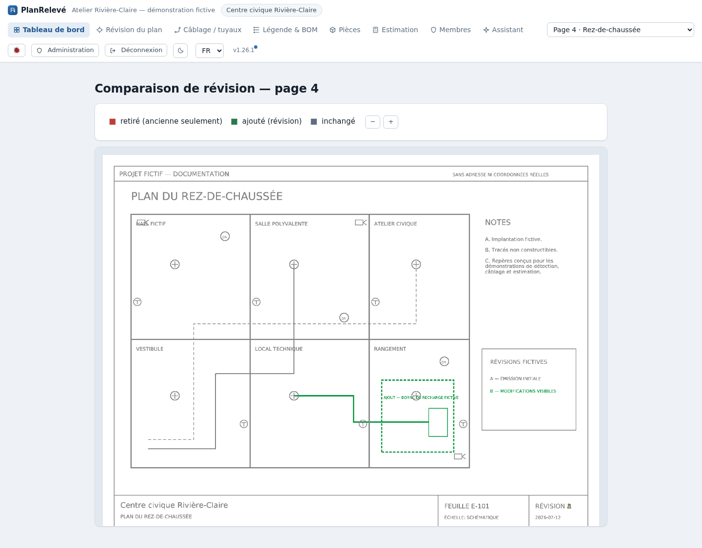 Comparaison d'une révision avec ajouts, retraits et contenu inchangé.