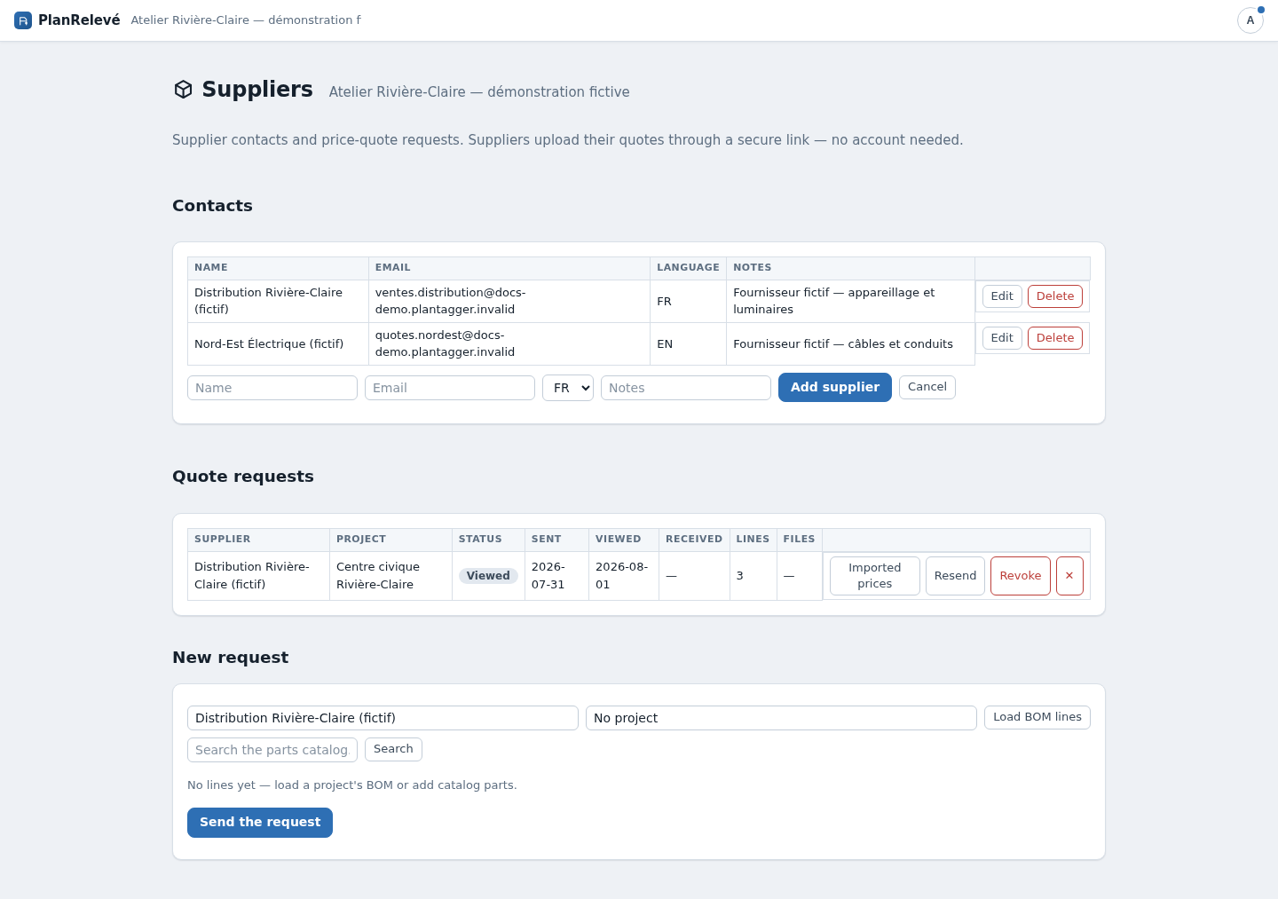 Suppliers area: contacts, quote requests, and a new request built from the bill of materials.