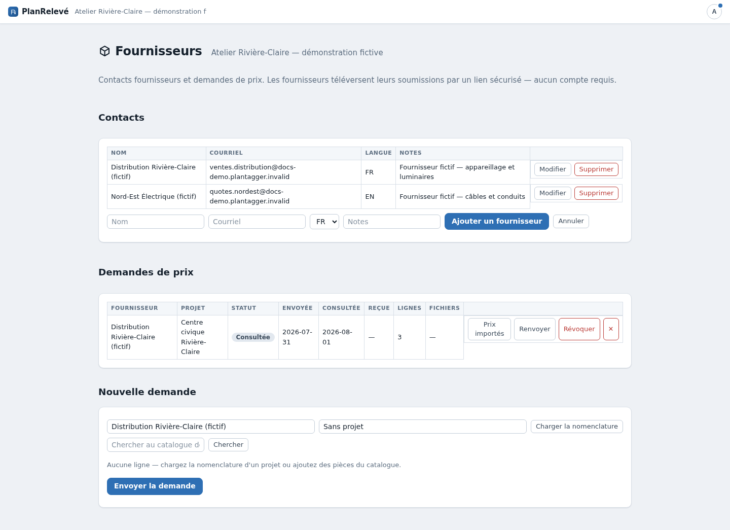 Espace Fournisseurs : contacts, demandes de prix et nouvelle demande construite depuis la nomenclature.